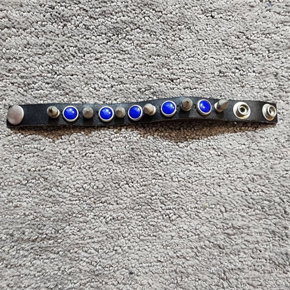 Vintage Leather Studded Bracelet Blue Rhinestones Rock Punk Metal Cone Studs 8in